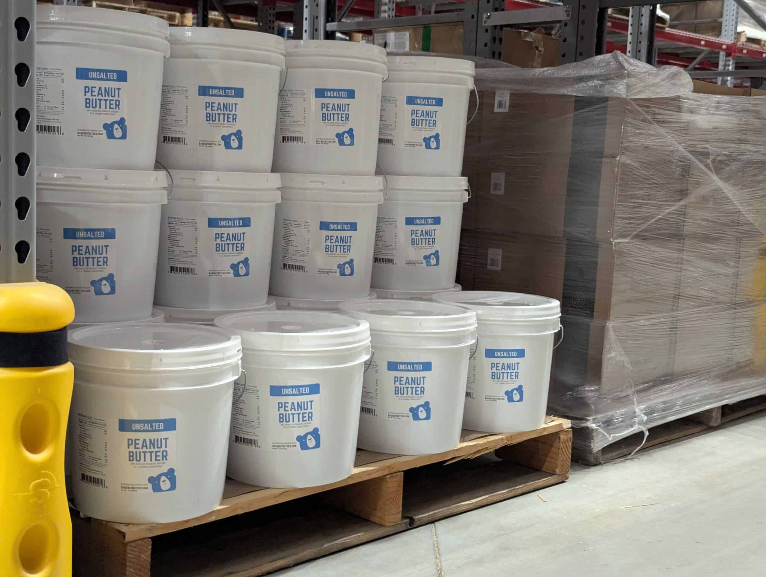 Bare But Butter's products one of Red Stag's warehouses buckets of client product securely and safely stored in a warehouse.