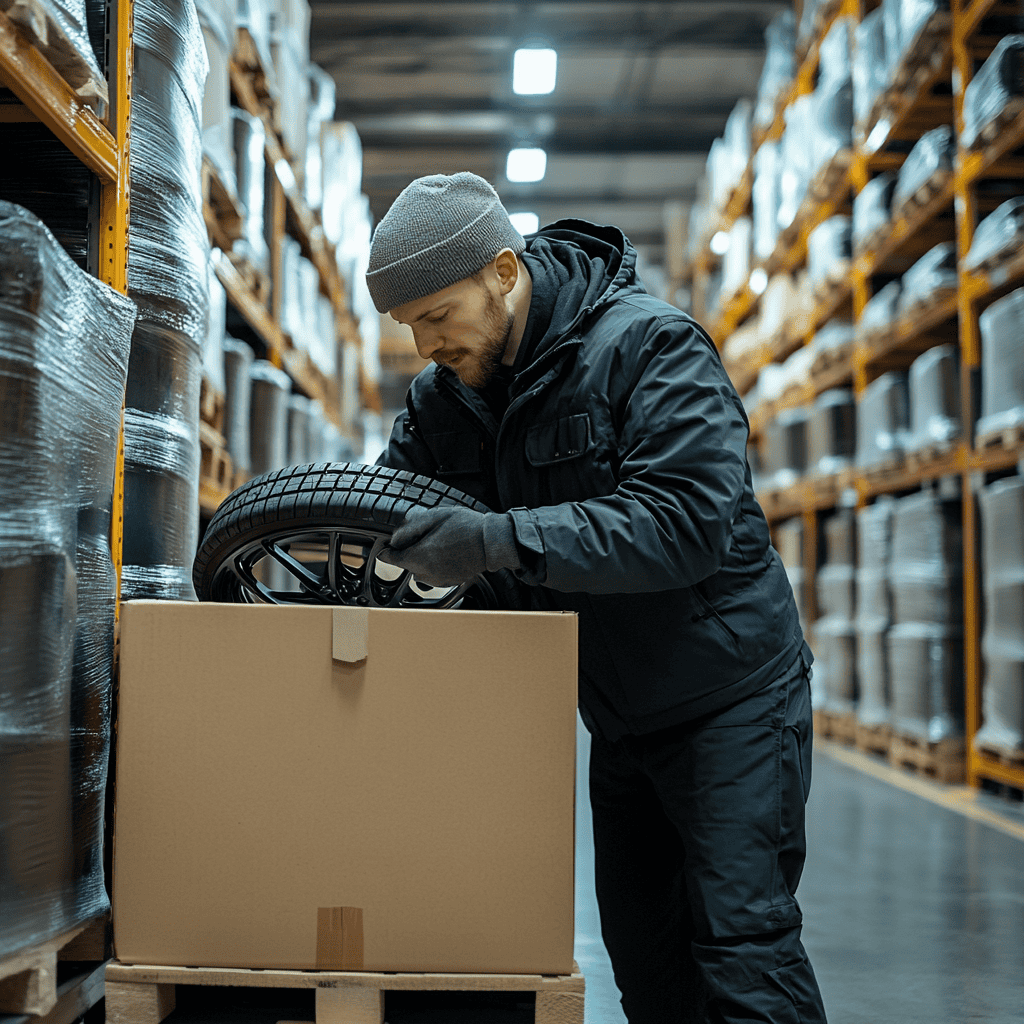 Placing a tire rim into a box Man placing tire with rim into a box