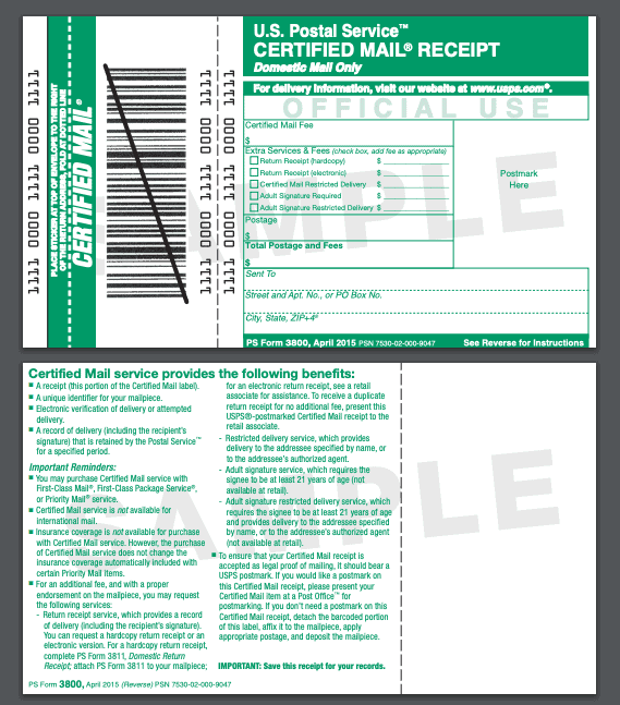 USPS Certified Mail Receipt USPS Certified Mail Receipt