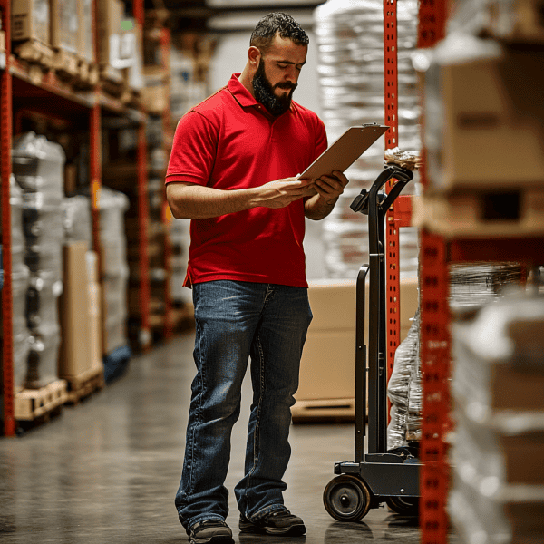 Warehouse Worker in Jeans and Red Shirt