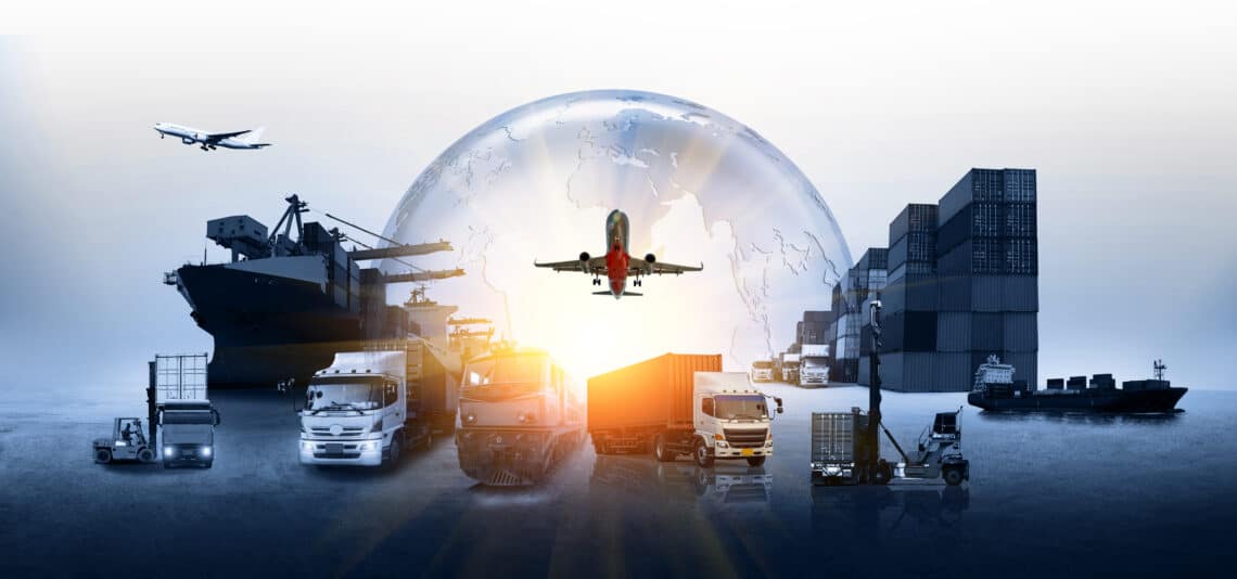 supply chain diversification Global business of Container Cargo freight train for Business logistics concept, Air cargo trucking, Rail transportation and maritime shipping, Online goods orders worldwide
