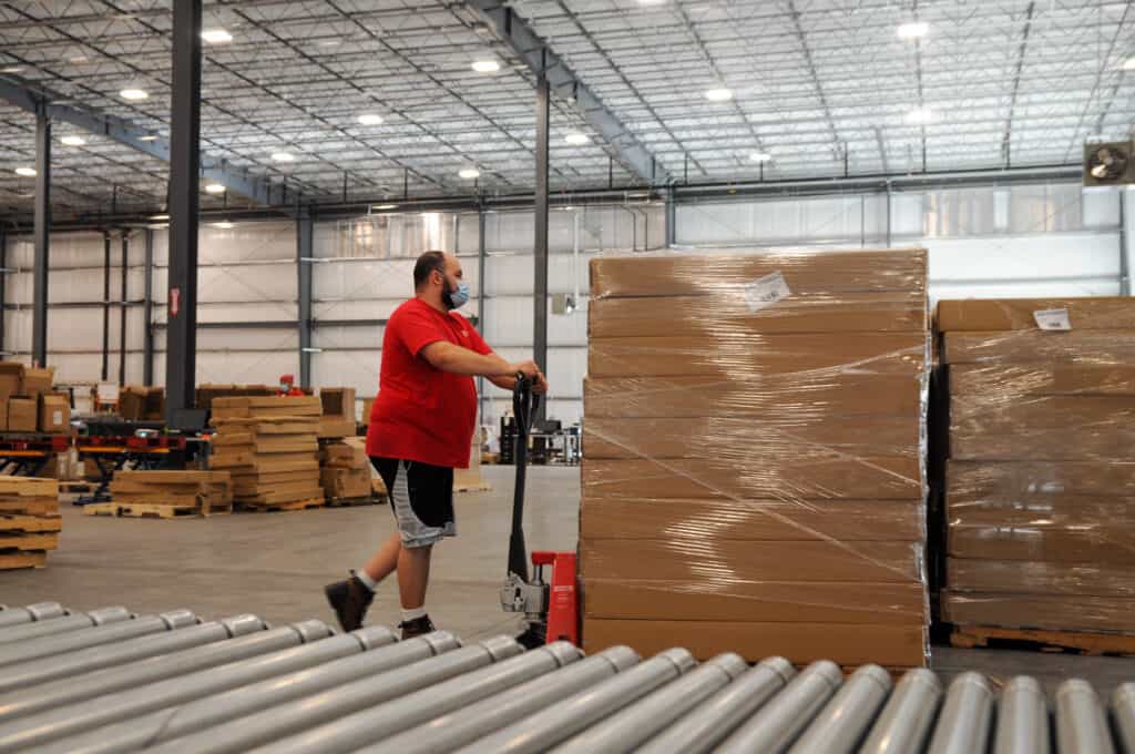 plastic-wrapped palletized boxes