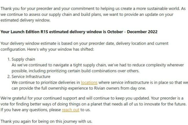 rivian shipping delay message example 2023